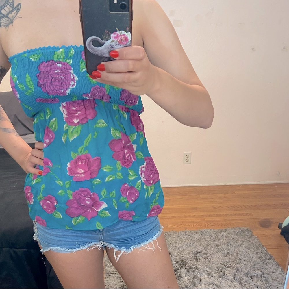 Rare Vtg Betsey Johnson Silk Floral Strapless Tube Top Shirt Size 6
